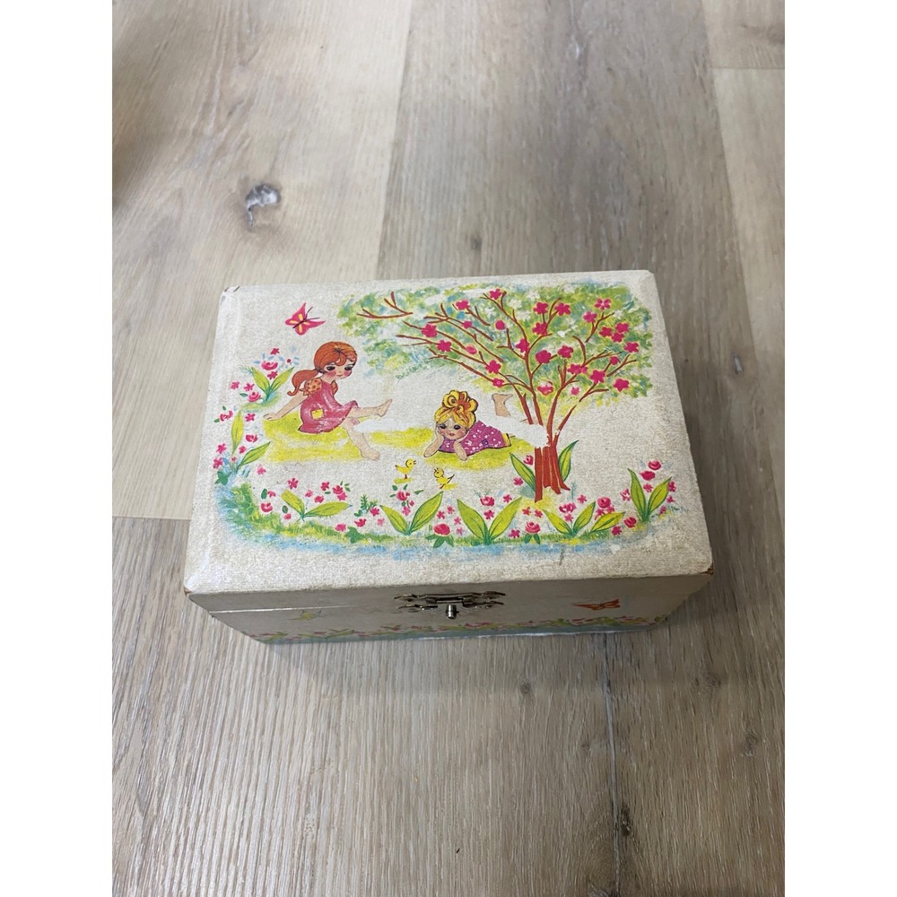 Vintage Powell Jewelry Box Blue Satin Lining Illustrated Girls Butterflies